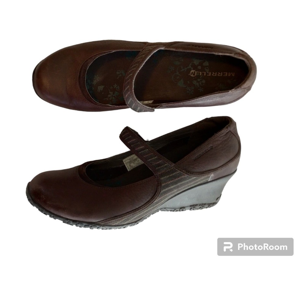 Merrell Poppy Roast Brown Leather Mary Jane Wedge Heel Shoes Vibram‎ Women's 10